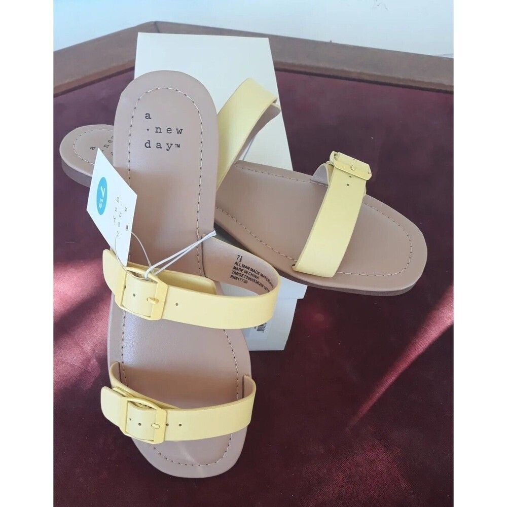 Women's Penny Two Band Straps Buckle Slip on Sandals - A New Day Yellow Sz 7.5